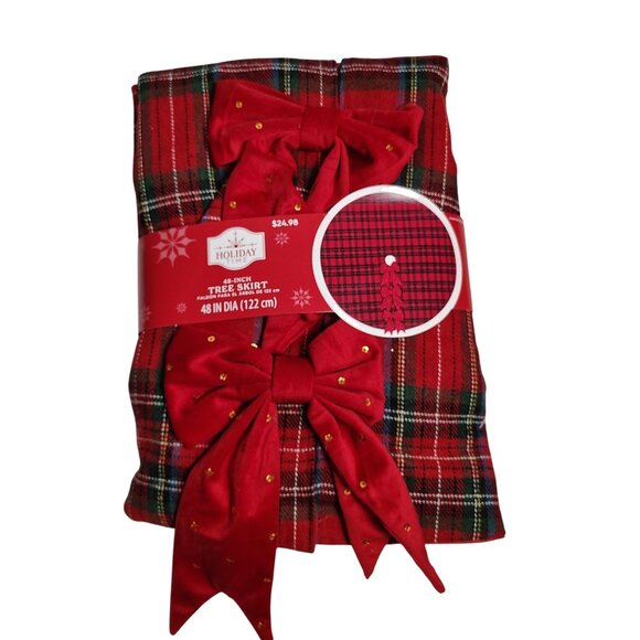 Holiday Time 48-Inch Red and Green Tartan Plaid Christmas Tree Skirt With Bows - Picture 1 of 6
